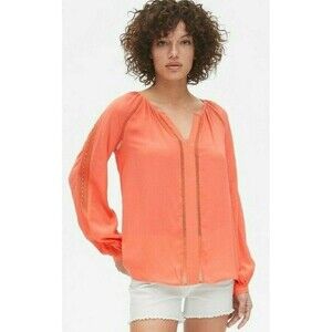 Gap Top Coral Long Sleeve V-Neck Lace Inserts Size Small